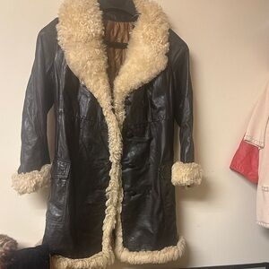 Women Black genuine leather with Shearling trim Coat